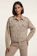 Khaki Boxy Studded Cropped Jacket with Button Closure - Denim jacket - Photo 1
