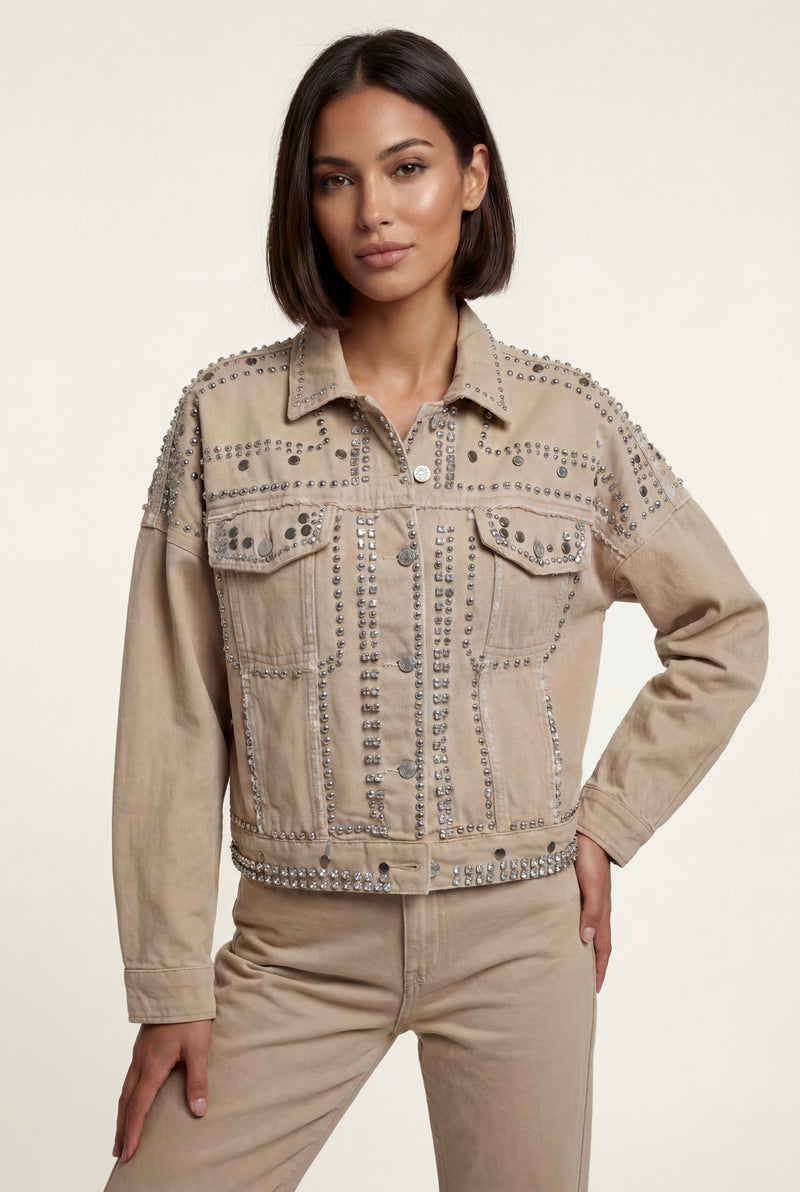 Khaki Boxy Studded Cropped Jacket with Button Closure - Denim jacket - Photo 1