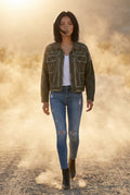 Olive Boxy Studded Cropped Jacket with Button Closure - Denim jacket - Photo 13