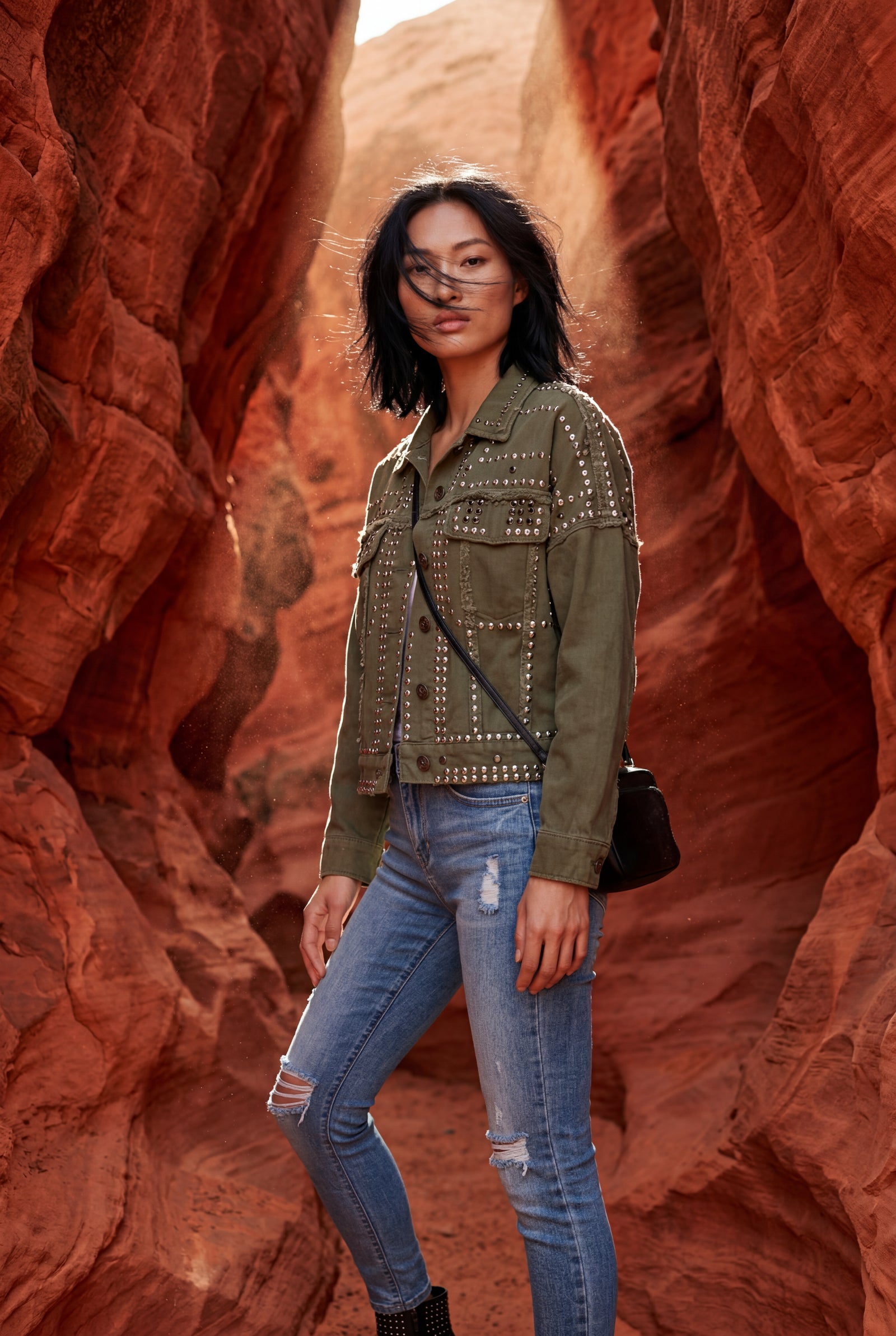 Olive Boxy Studded Cropped Jacket with Button Closure - Denim jacket - Photo 14