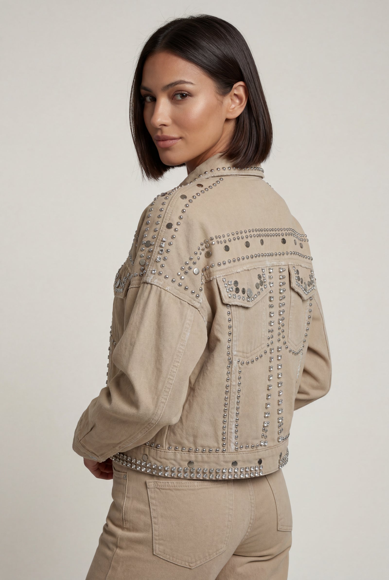 Khaki Boxy Studded Cropped Jacket with Button Closure - Denim jacket - Photo 3