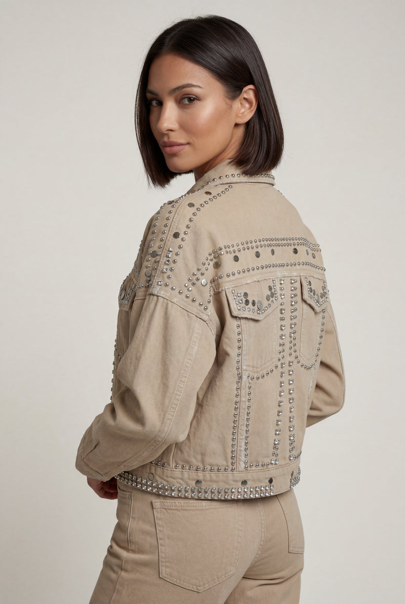 Khaki Boxy Studded Cropped Jacket with Button Closure - Denim jacket - Photo 3