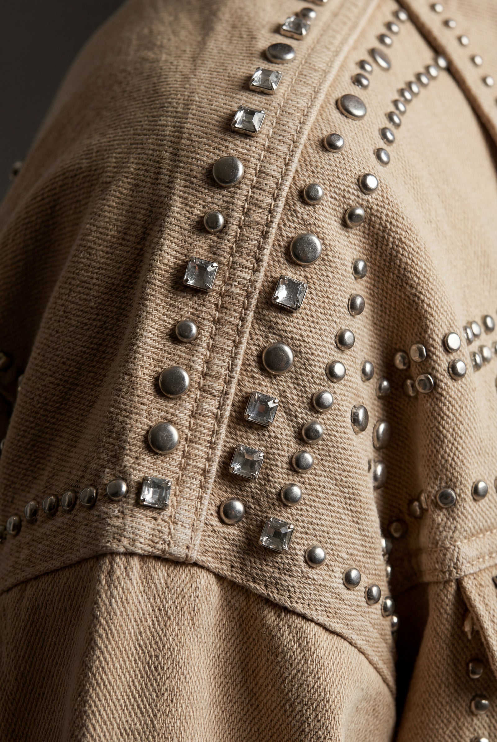 Khaki Boxy Studded Cropped Jacket with Button Closure - Denim jacket - Photo 7