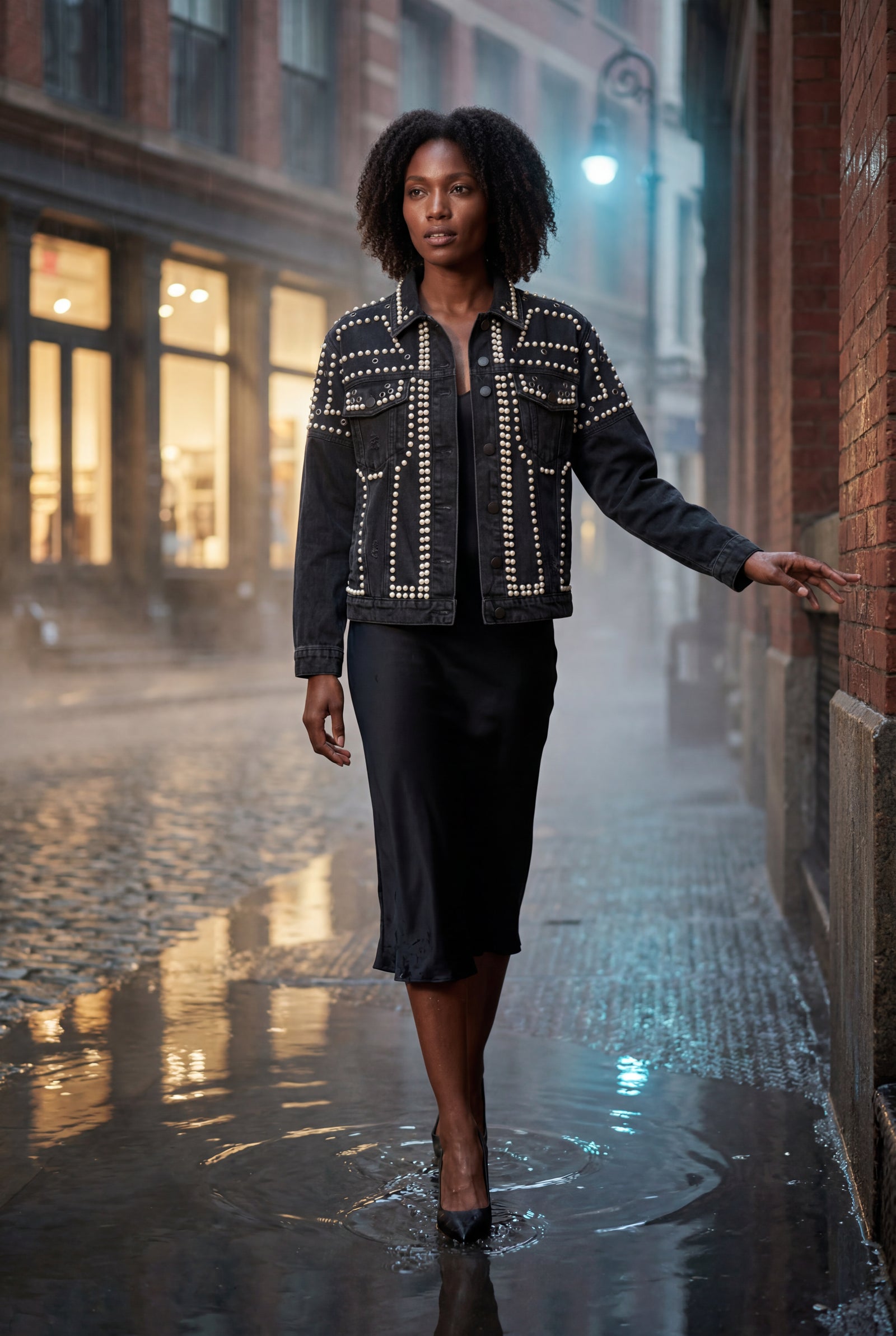 Black Boxy Studded Cropped Jacket with Button Closure - Denim jacket - Photo 9