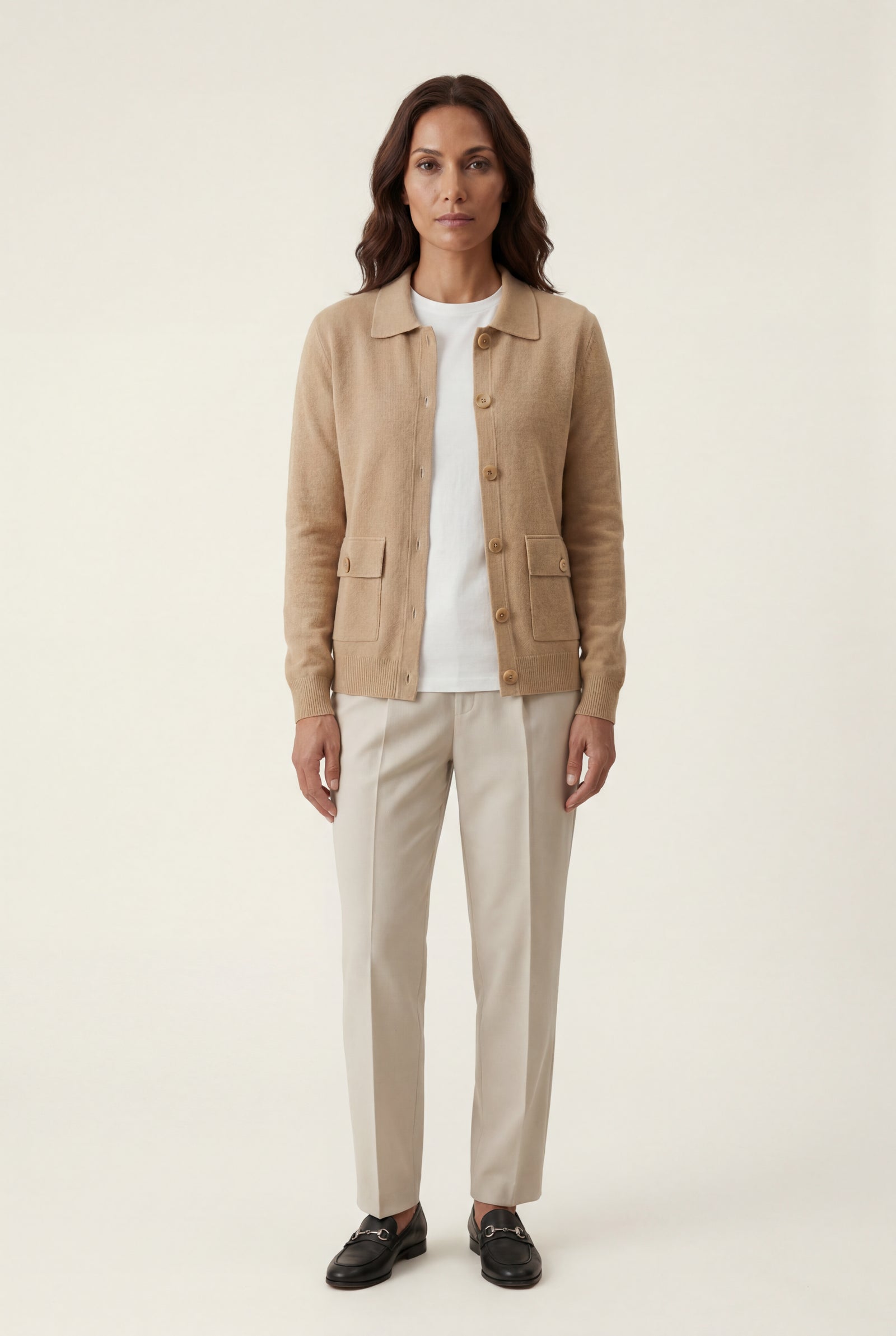 Khaki Button-up Collared Cardigan with Patch Pockets - Wool cardigan - Photo 2