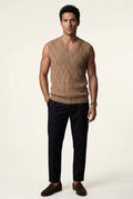 Khaki Cable V-neck Sweater Vest with Ribbed Hem - Vests - Photo 17