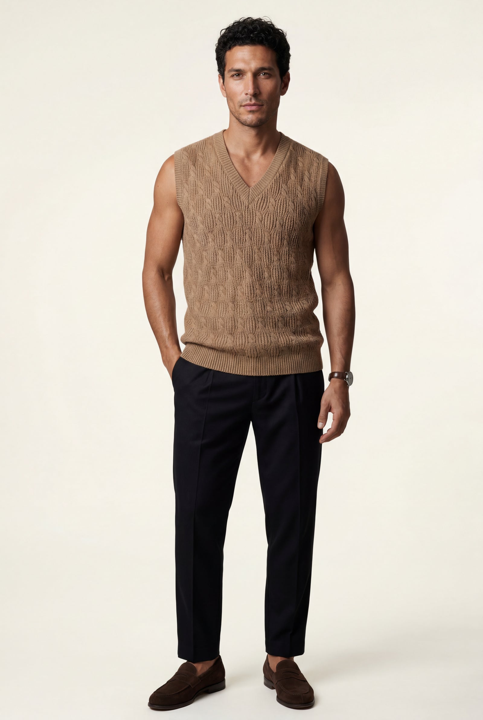 Khaki Cable V-neck Sweater Vest with Ribbed Hem - Vests - Photo 17