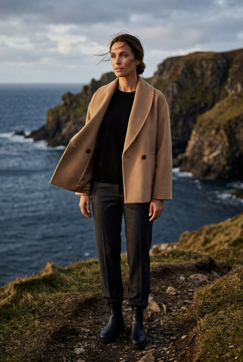 Khaki Camel Brown Cropped Double-breasted Shawl Collar Jacket - Casual jacket - Photo 4