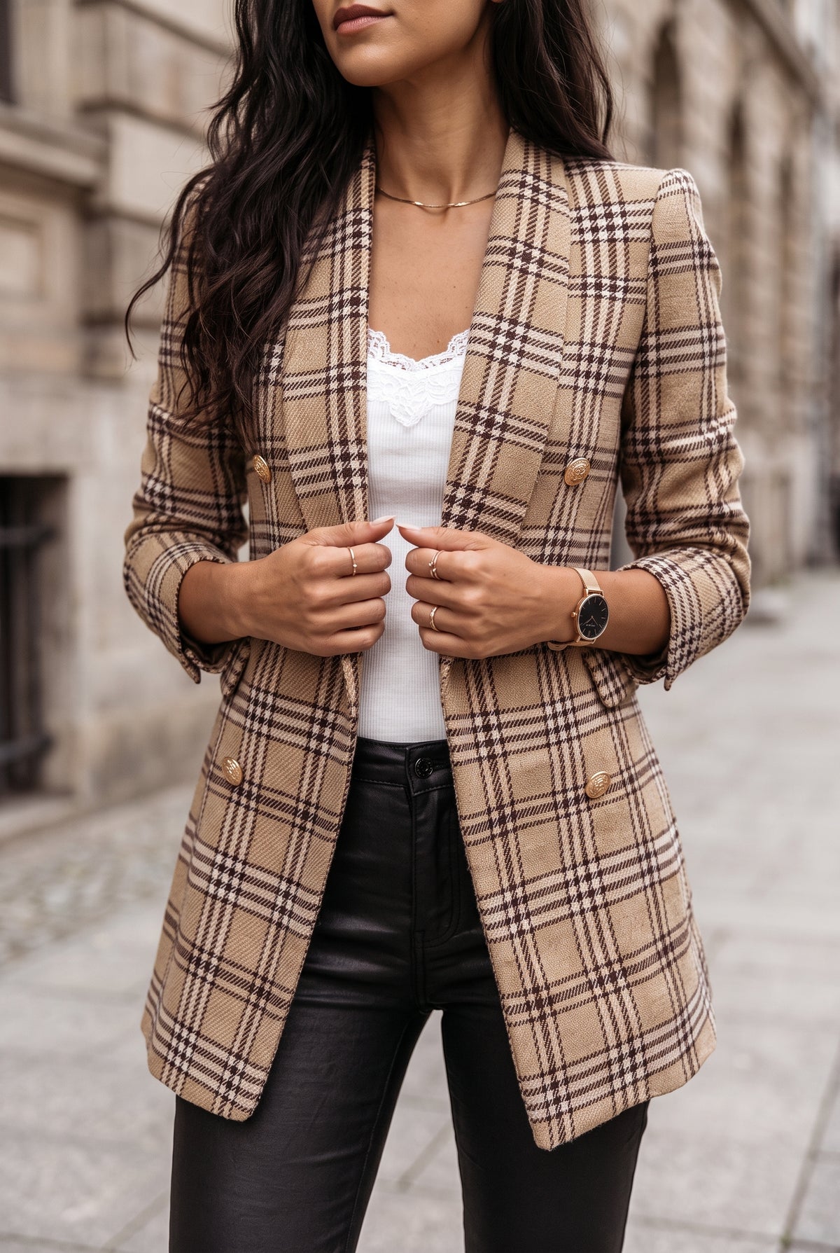 Checked Tweed Blazer in Khaki — studio front