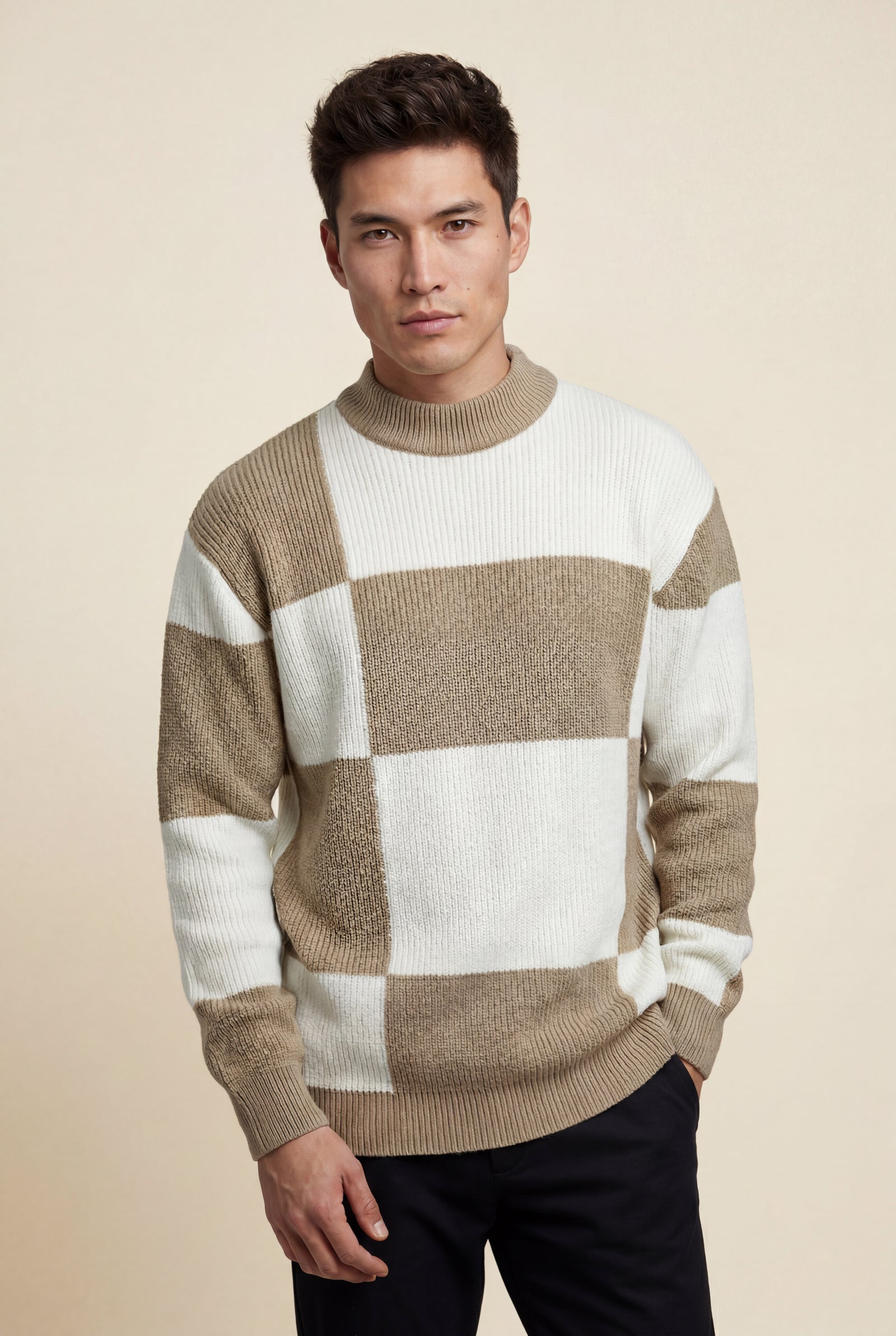 Khaki Checkered Block Crewneck Sweater with Ribbed Details - Checkered knit sweater - Photo 3