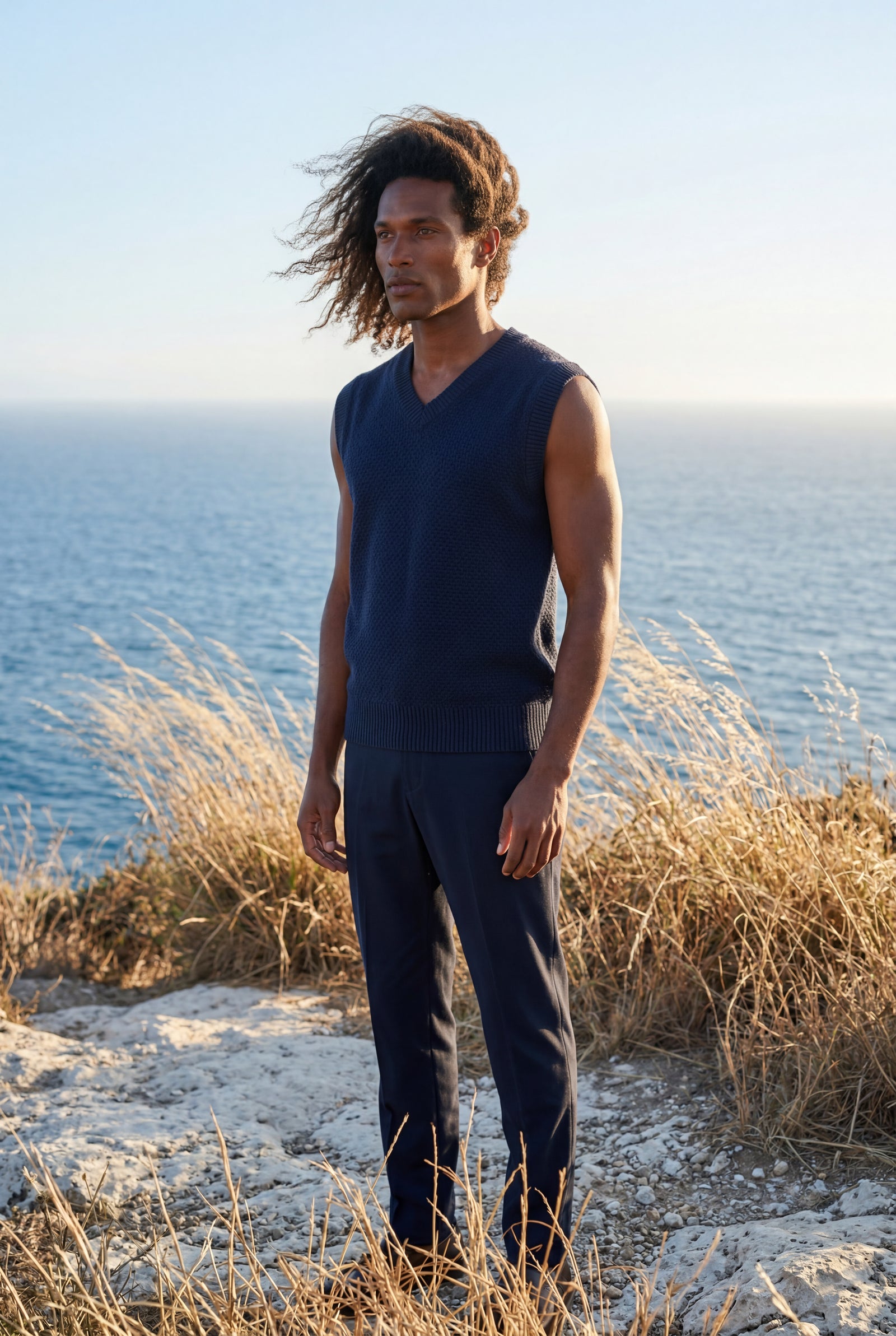 Navy Blue Classic V-neck Sweater Vest with Ribbed Hem - Vests - Photo 13