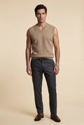 Khaki Classic V-neck Sweater Vest with Ribbed Hem - Vests - Photo 2
