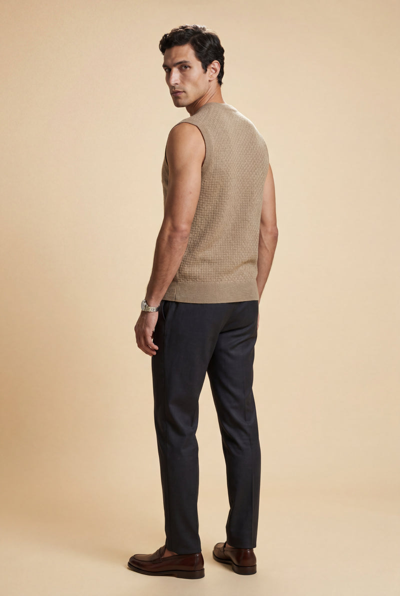 Khaki Classic V-neck Sweater Vest with Ribbed Hem - Vests - Photo 3