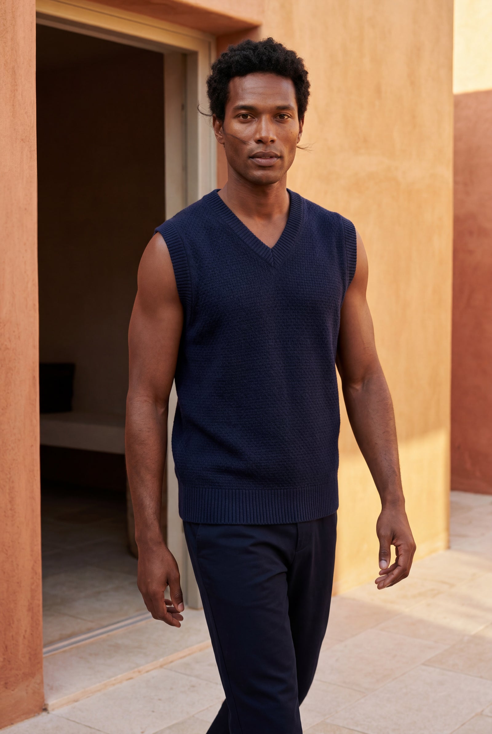 Navy Blue Classic V-neck Sweater Vest with Ribbed Hem - Vests - Photo 9