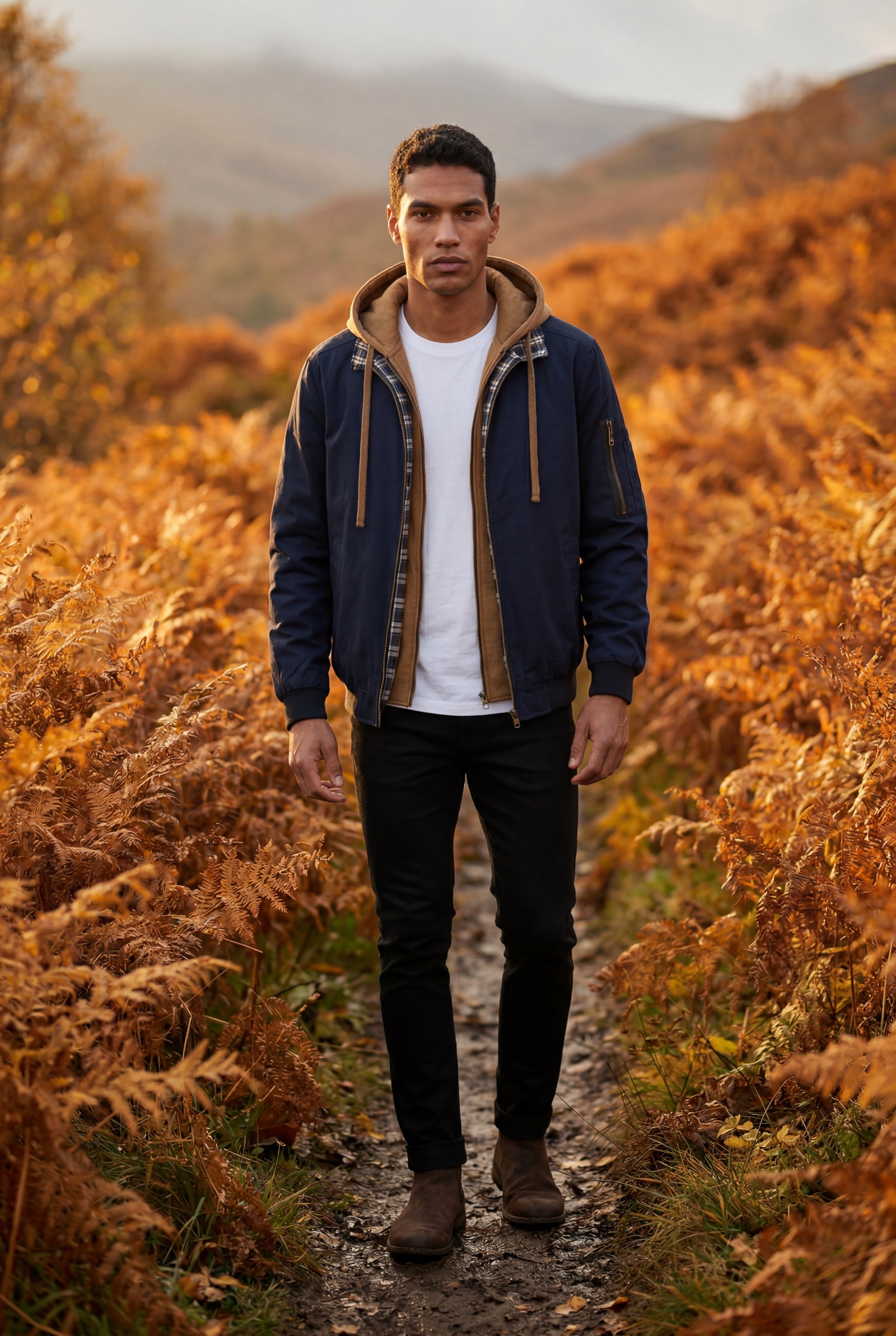 Navy Blue Contrast Lined Hooded Bomber Jacket - Bomber jackets - Photo 8