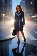 Black Contrast-trim Double-breasted Belted Trench Coat - Long trench coats - Photo 3