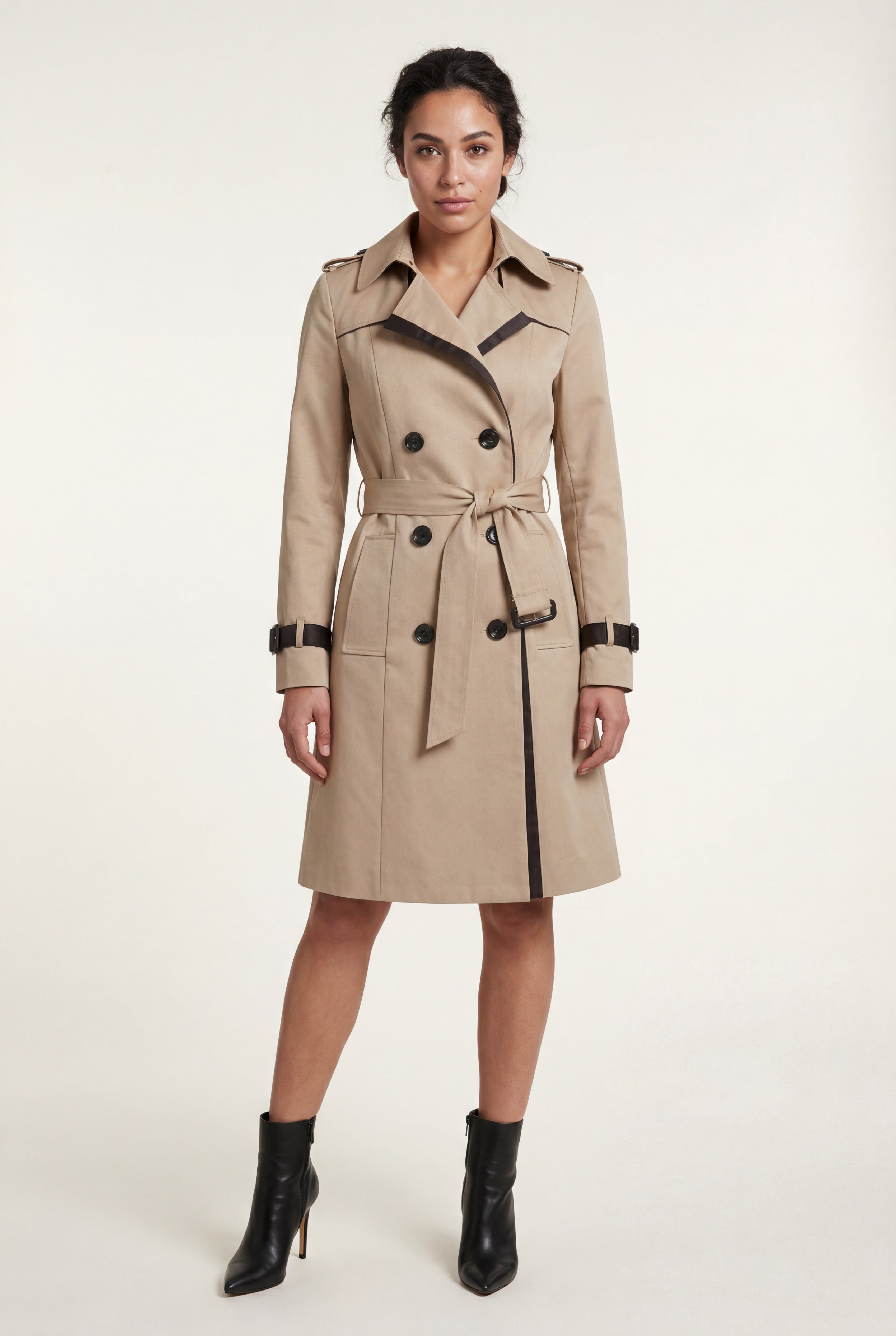 Gabardine Trench Coat with Double-Breasted Front and Belted Waist