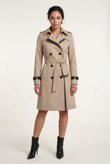 Khaki Contrast-trim Double-breasted Belted Trench Coat - Long trench coats - Photo 4