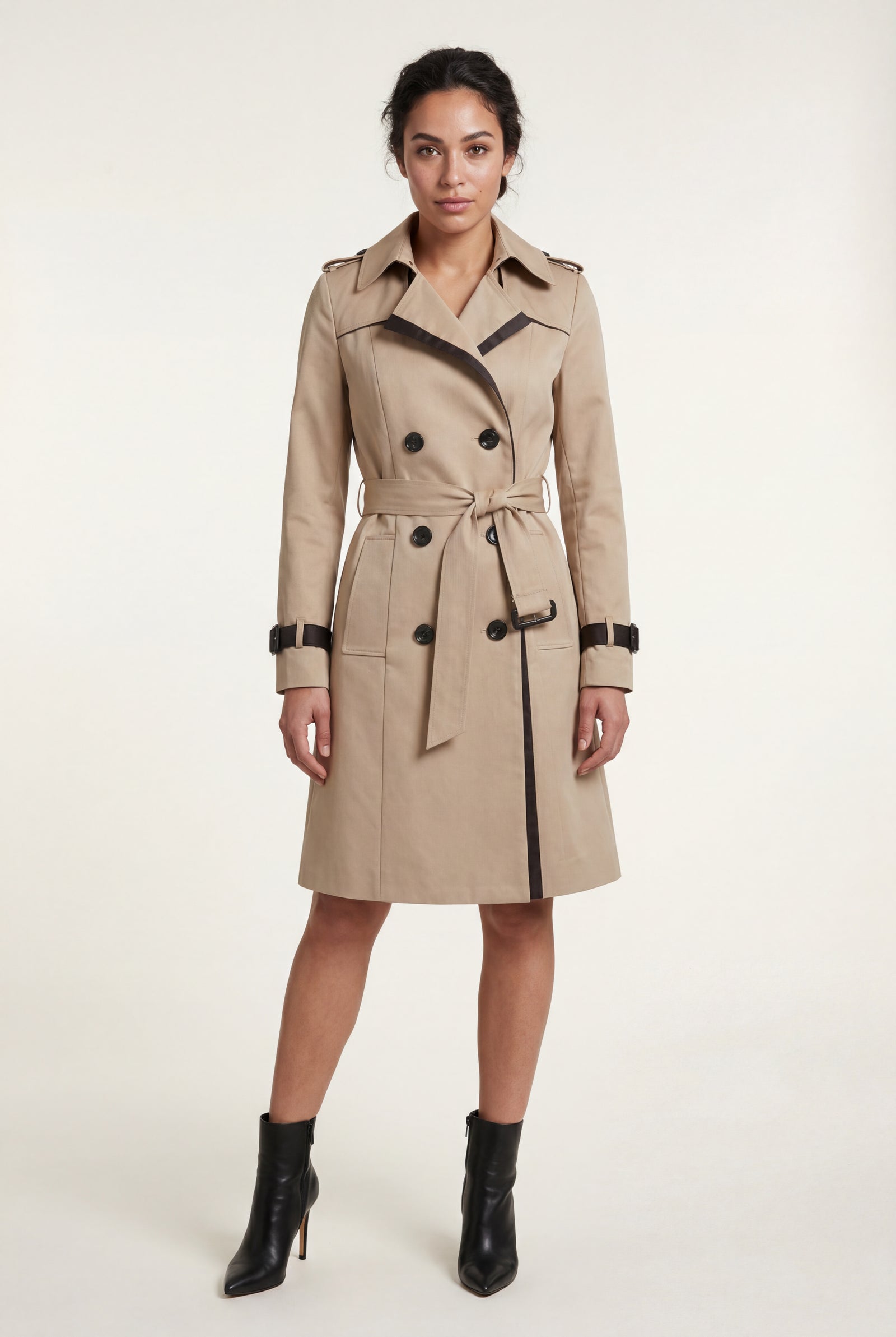 Khaki Contrast-trim Double-breasted Belted Trench Coat - Long trench coats - Photo 4