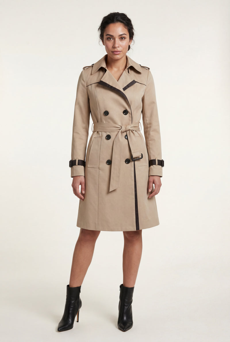 Khaki Contrast-trim Double-breasted Belted Trench Coat - Long trench coats - Photo 4