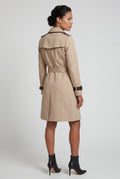 Khaki Contrast-trim Double-breasted Belted Trench Coat - Long trench coats - Photo 5
