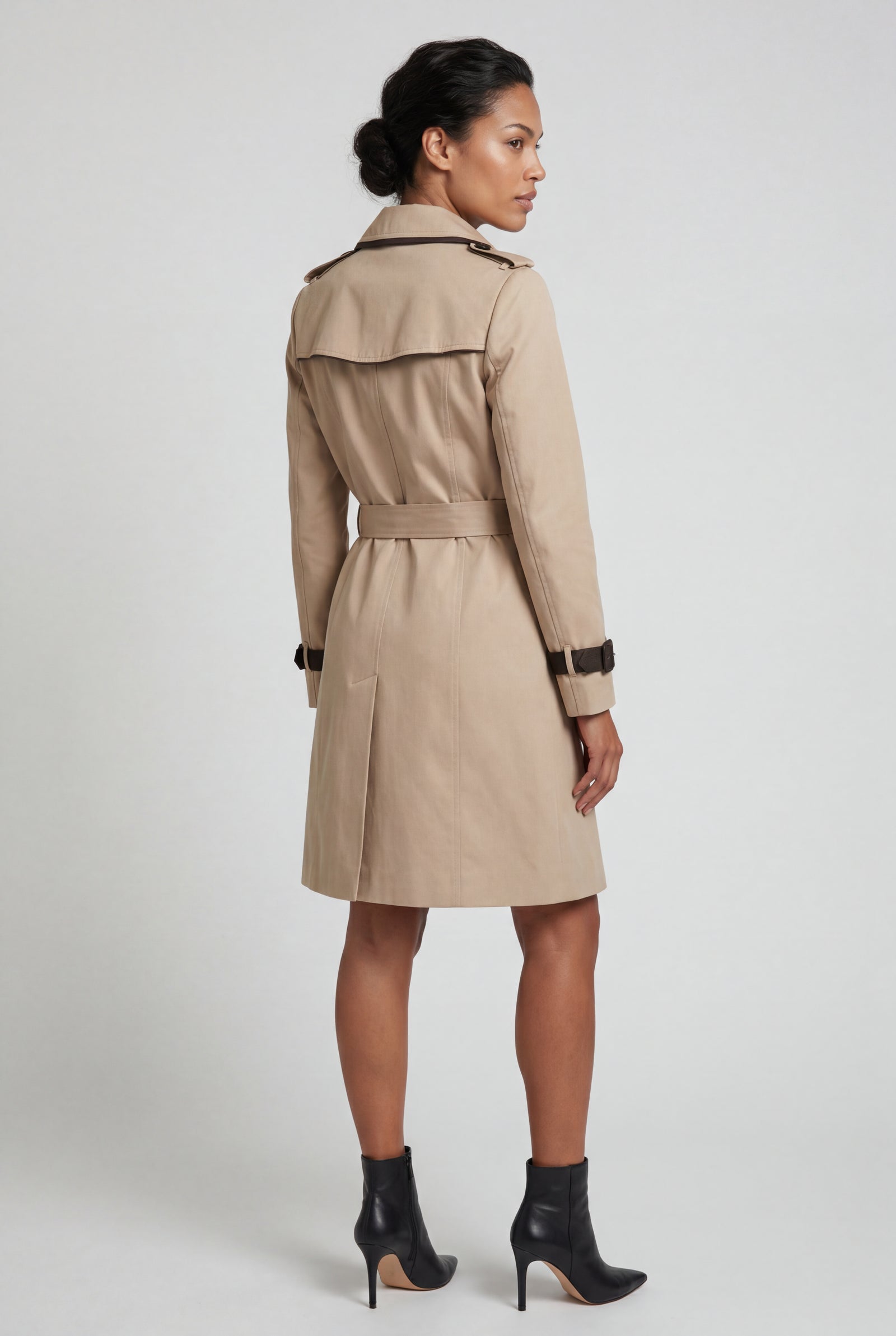 Khaki Contrast-trim Double-breasted Belted Trench Coat - Long trench coats - Photo 5