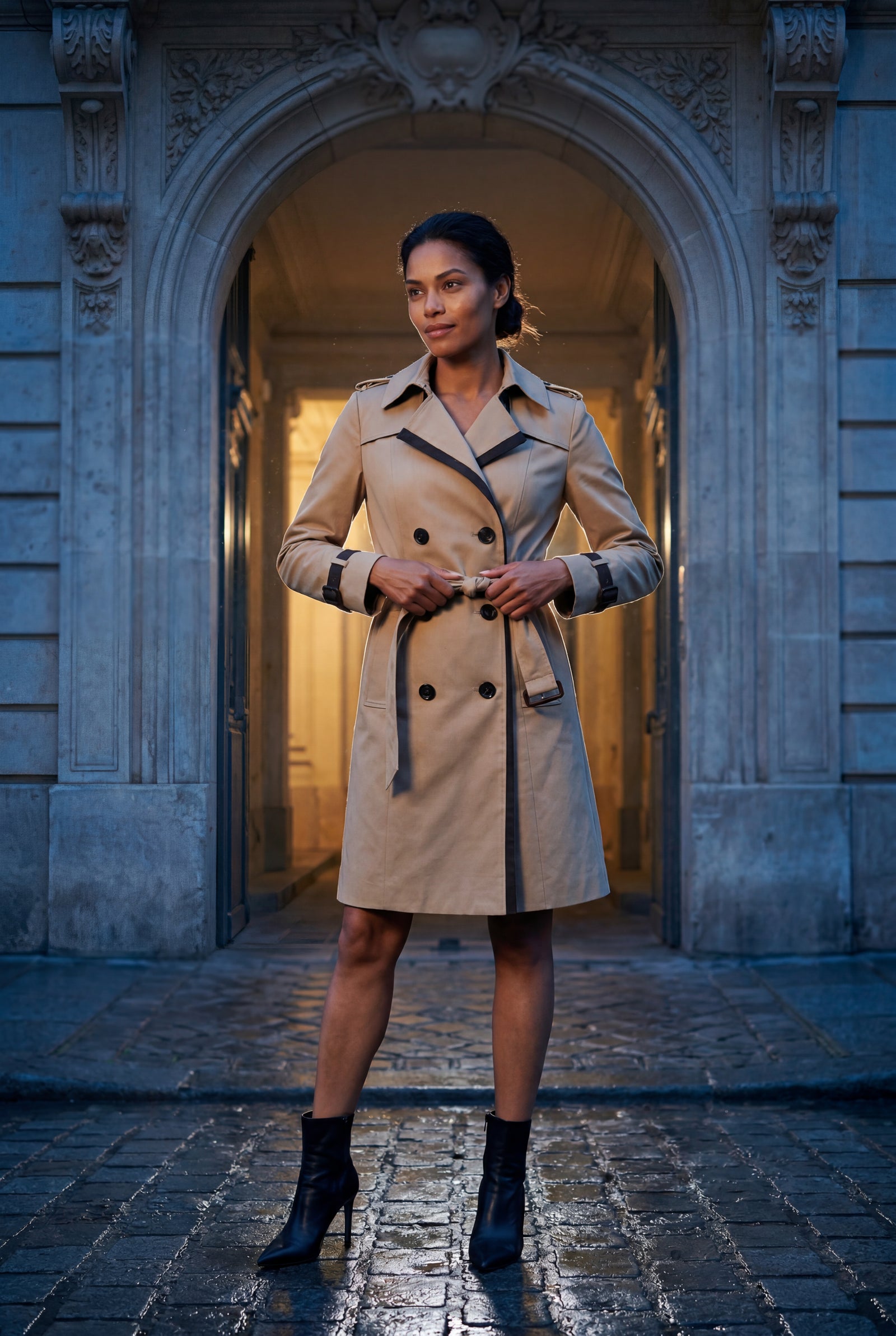 Khaki Contrast-trim Double-breasted Belted Trench Coat - Long trench coats - Photo 7