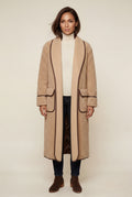 Khaki Contrast Trim Long Draped Coat with Shawl Collar - Long coat - Photo 1