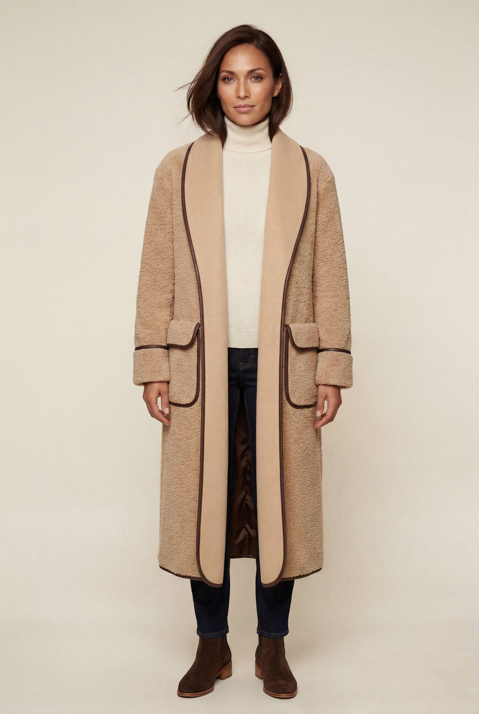 Khaki Contrast Trim Long Draped Coat with Shawl Collar - Long coat - Photo 1