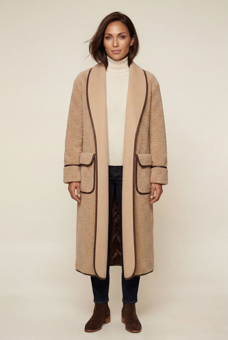 Khaki Contrast Trim Long Draped Coat with Shawl Collar - Long coat - Photo 1