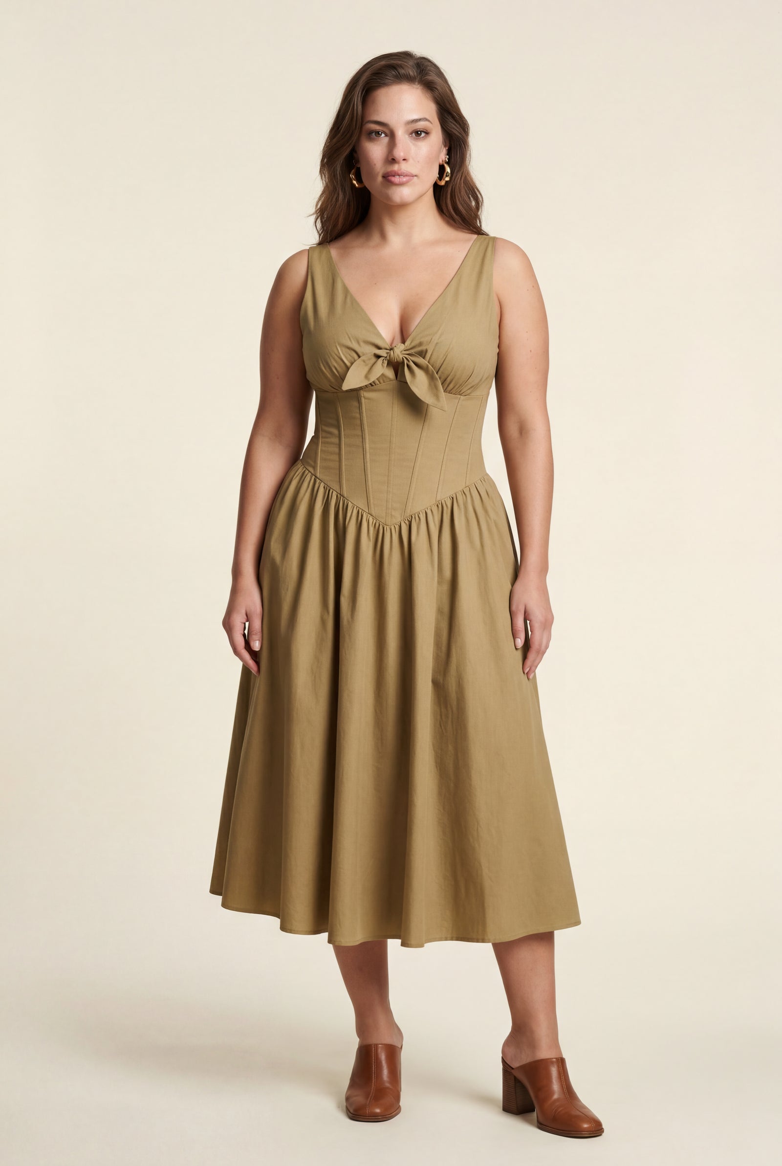 Khaki Corset Bodice Sleeveless Midi Dress with Tie Front - Photo 8