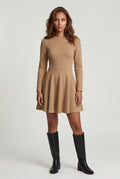 Khaki Crew Neck Long Sleeve Fit and Flare Mini Dress - Photo 2