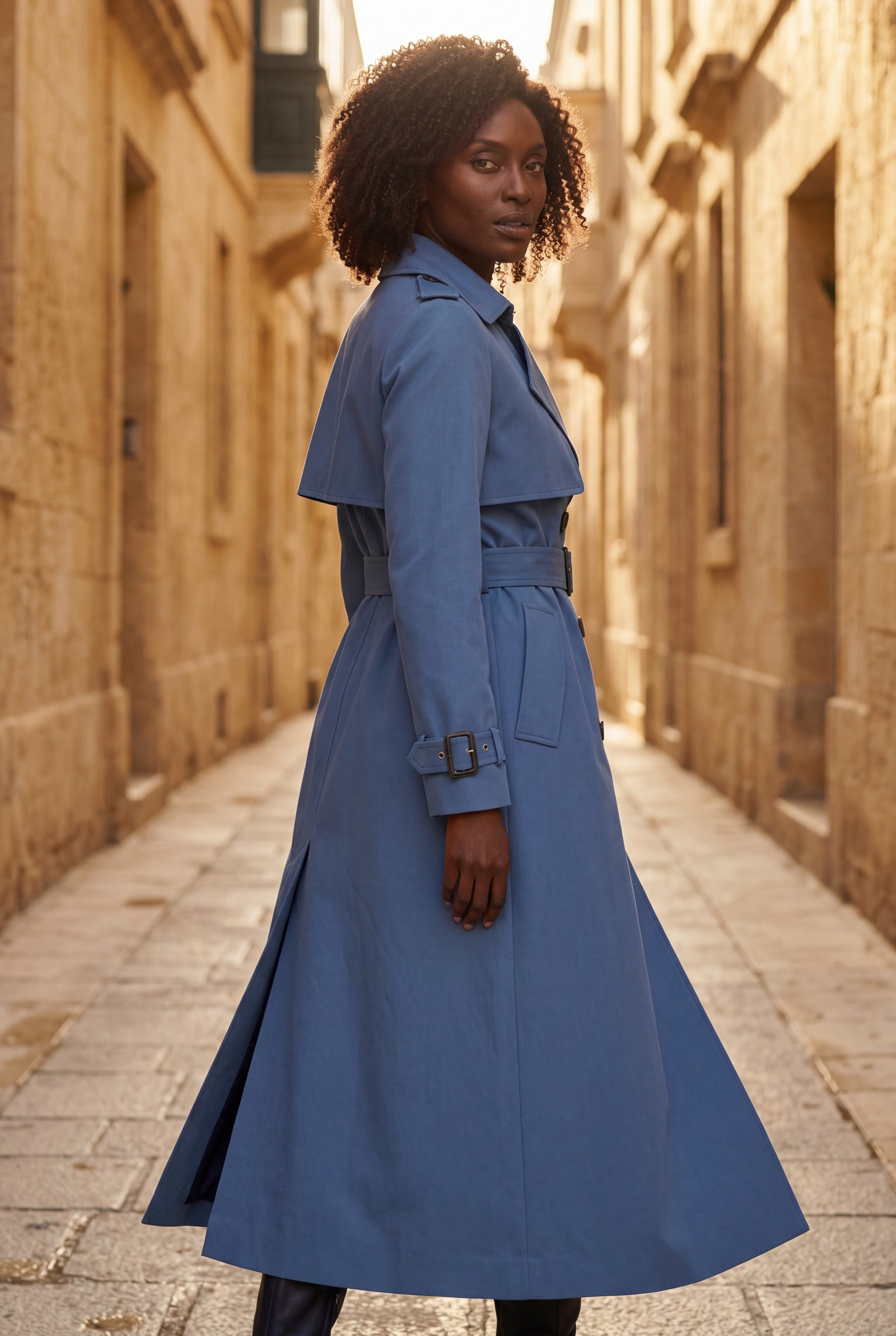 Blue Double-breasted Belted Trench Coat with Storm Flap - Photo 10