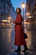 Red Double-breasted Belted Trench Coat with Storm Flap - Photo 11