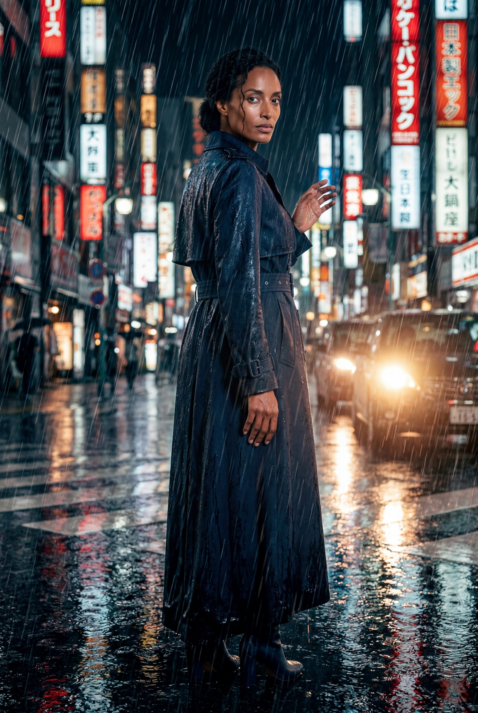 Black Double-breasted Belted Trench Coat with Storm Flap - Photo 12
