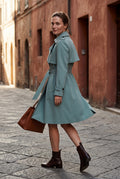 Turquoise Double-breasted Belted Trench Coat with Storm Flap - Photo 13