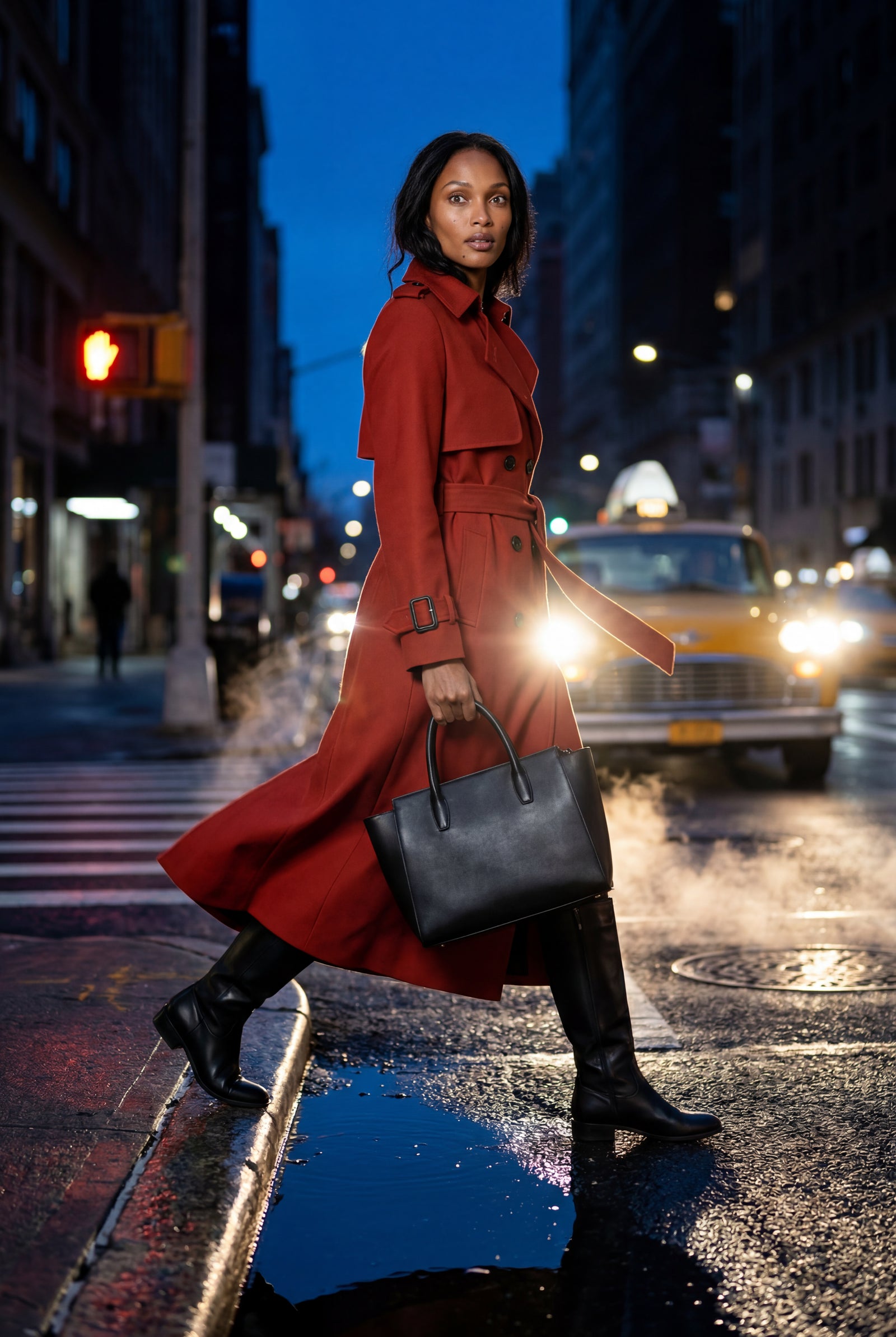Red Double-breasted Belted Trench Coat with Storm Flap - Photo 15