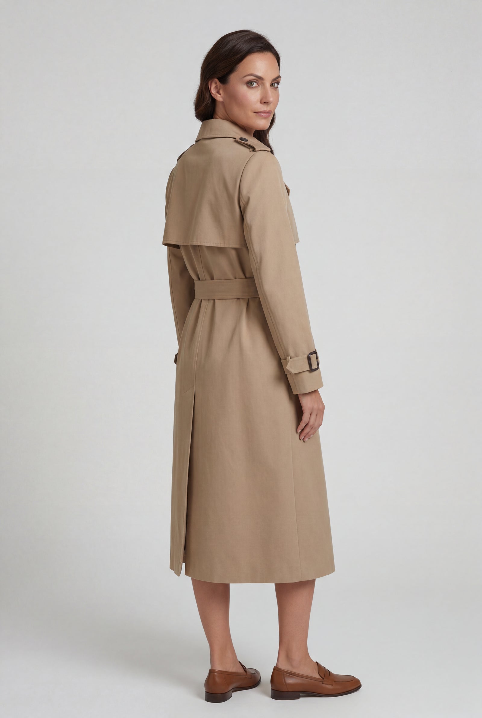 Khaki Double-breasted Belted Trench Coat with Storm Flap - Photo 2