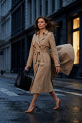 Khaki Double-breasted Belted Trench Coat with Storm Flap - Photo 6