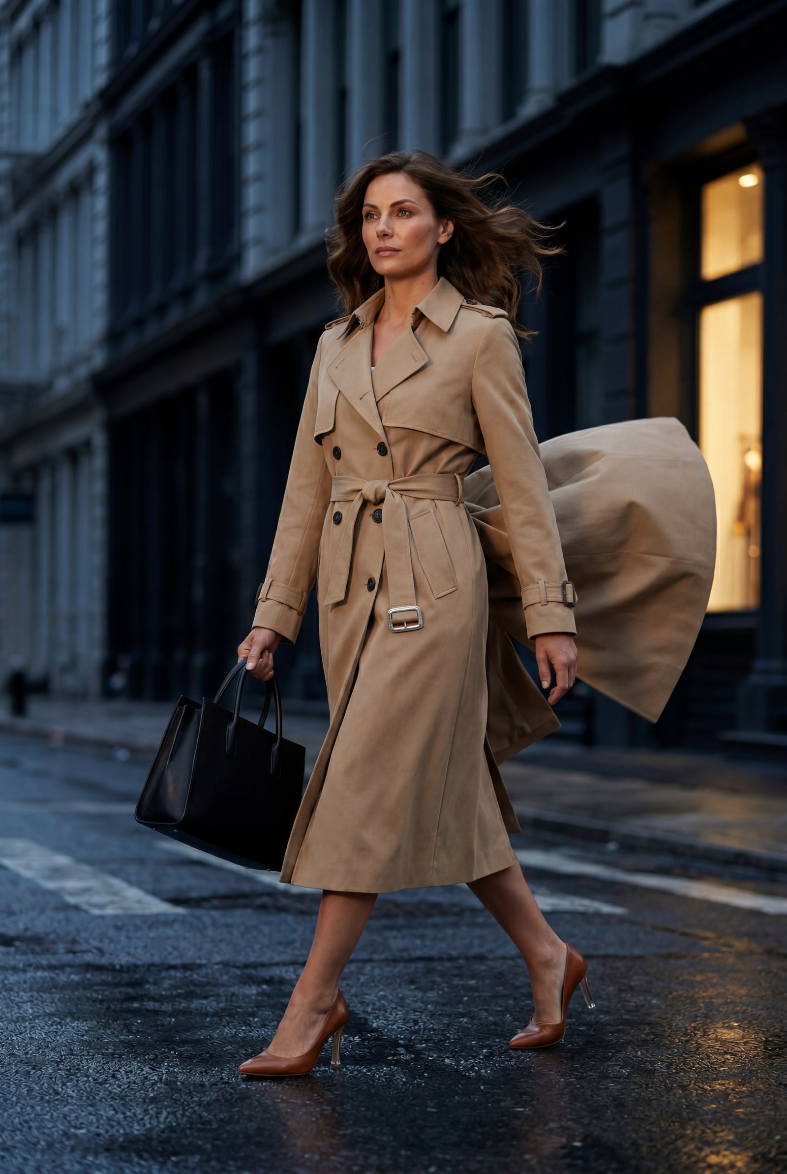 Khaki Double-breasted Belted Trench Coat with Storm Flap - Photo 6