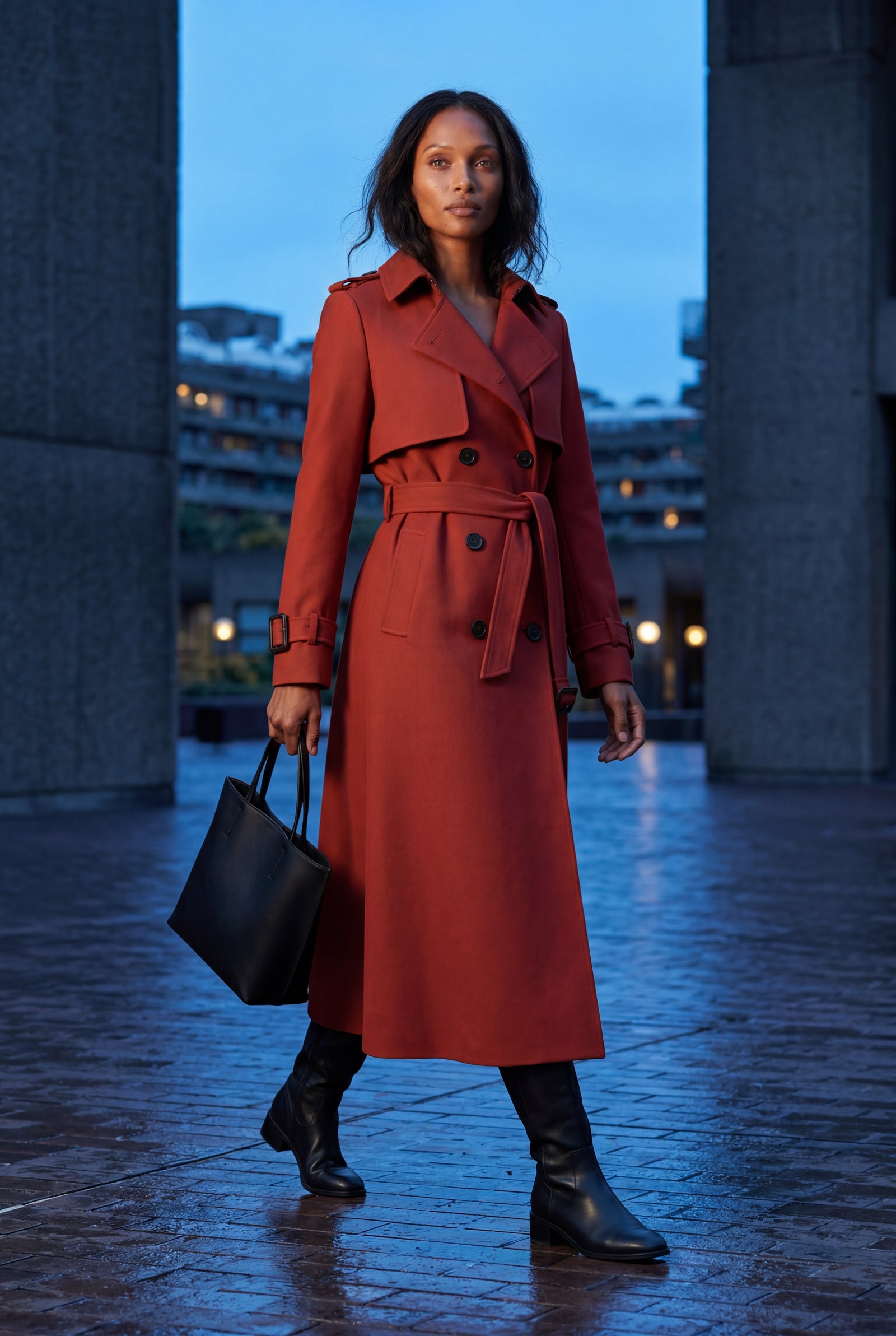 Red Double-breasted Belted Trench Coat with Storm Flap - Photo 7