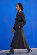 Black Double-breasted Belted Trench Coat with Storm Flap - Photo 9