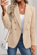 Double-Breasted Tweed Blazer in Khaki — studio front