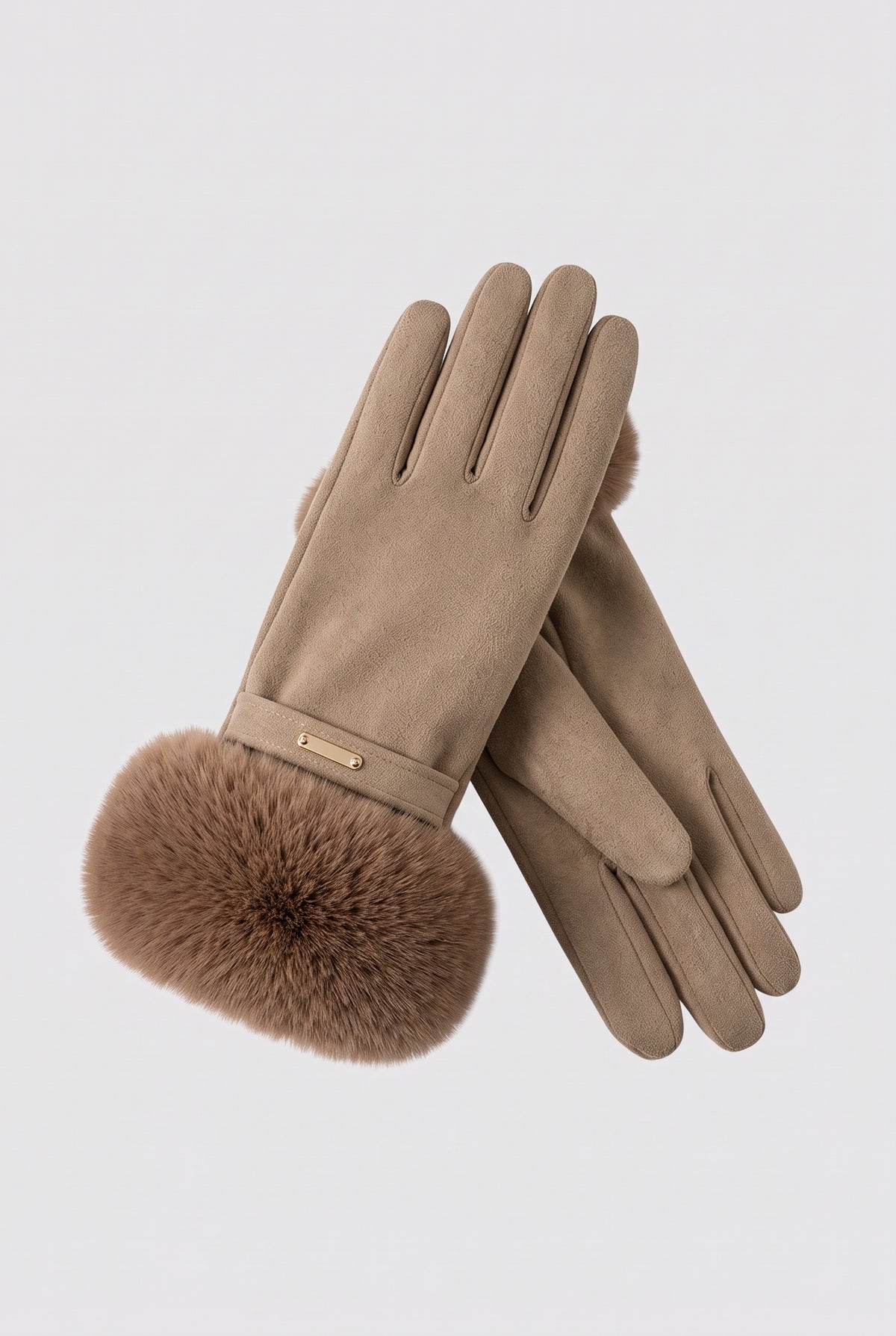 Faux Fur Cuff Gloves in Khaki — studio front