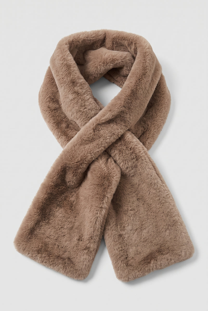 Faux Fur Scarf in Khaki — studio front
