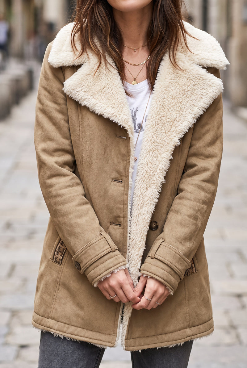 Faux-Shearling Button-Front Coat in Khaki — studio front