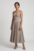 Khaki Floral Corset Bodice Midi Dress with Spaghetti Straps - Photo 20