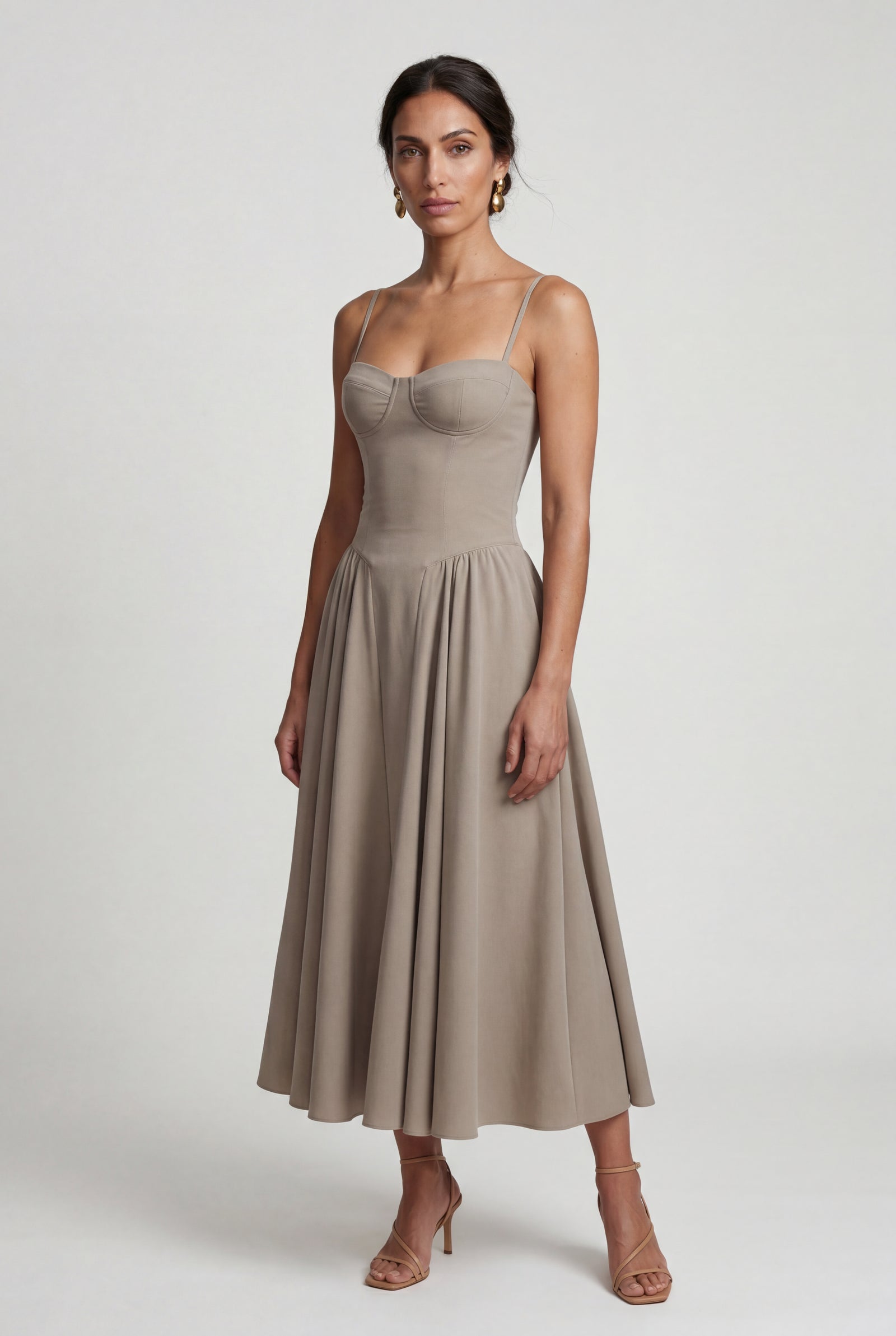 Khaki Floral Corset Bodice Midi Dress with Spaghetti Straps - Photo 20