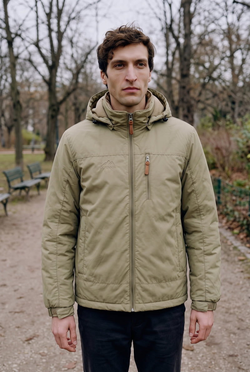 Insulated Hooded Jacket in Khaki — lifestyle
