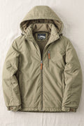 Insulated Hooded Jacket in Khaki — studio front